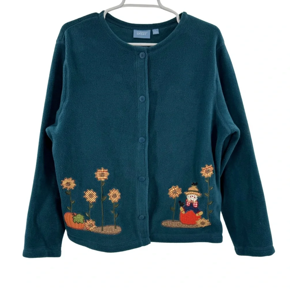 Croft & Barrow Teal button front fleece Sweater L scarecrow fall embroidered